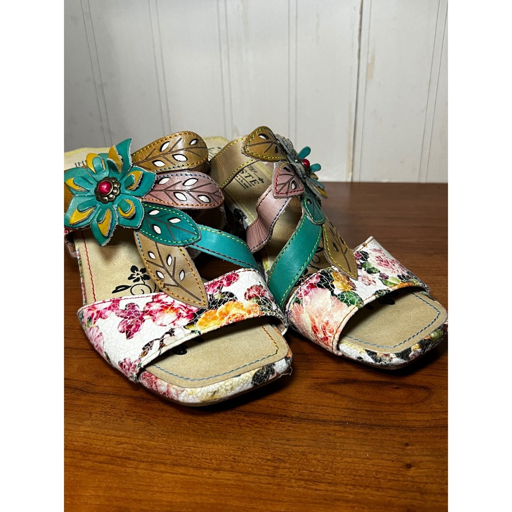L'Artiste Spring Step 38 Floral Leather Sandals Block Heel Boho Artisan